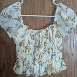 Japna Crop Top Feminine Floral Ruffles Puff Sleeves Yellow Green-Small